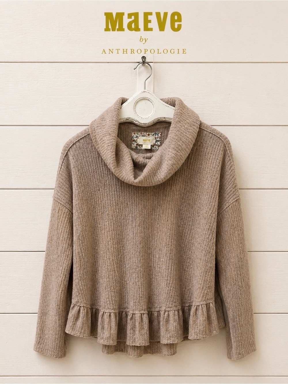 MAEVE Ribbed Cowl Neck Top β Beige RosΓ© β Size M petite